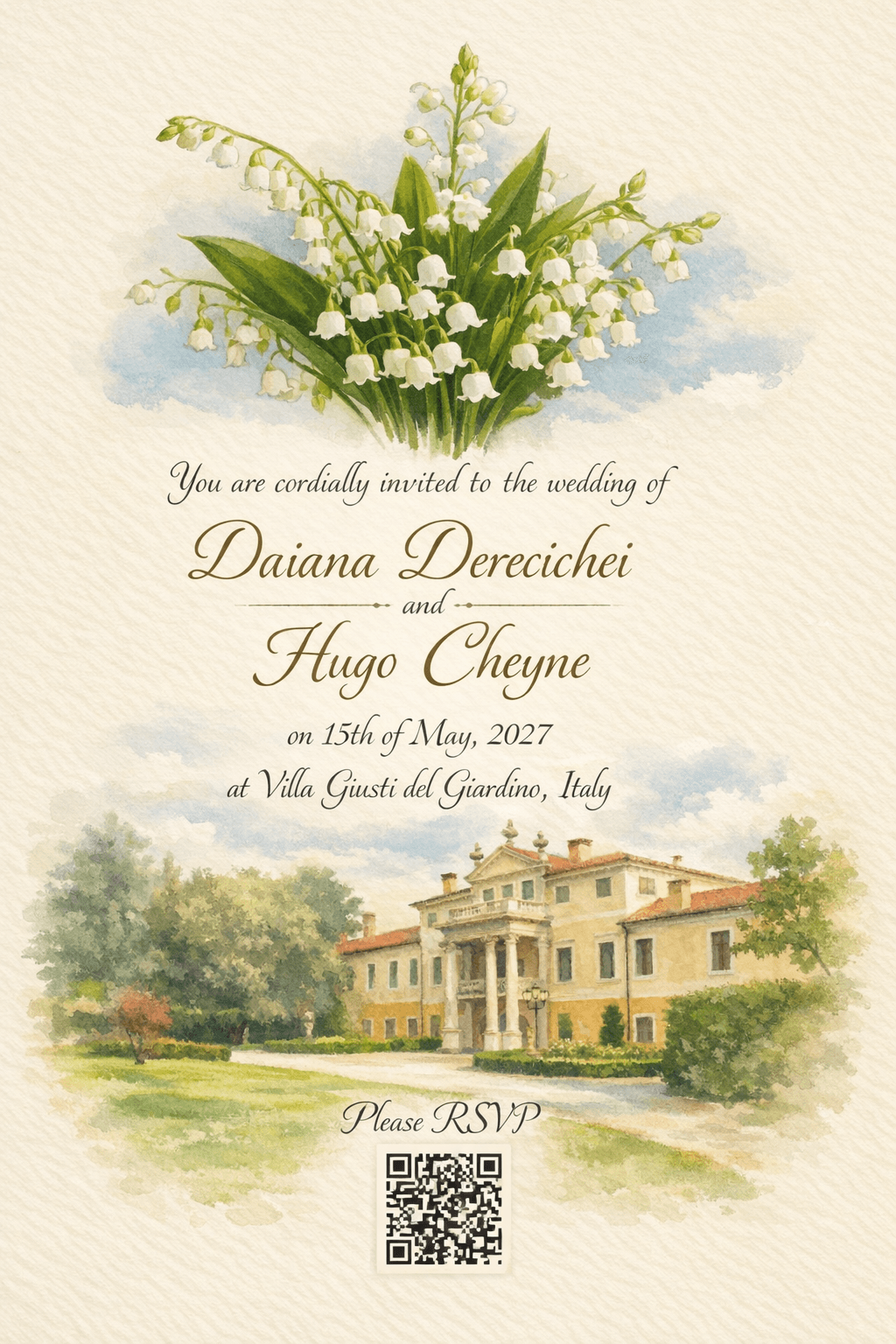 Watercolour wedding invitation for Daiana and Hugo